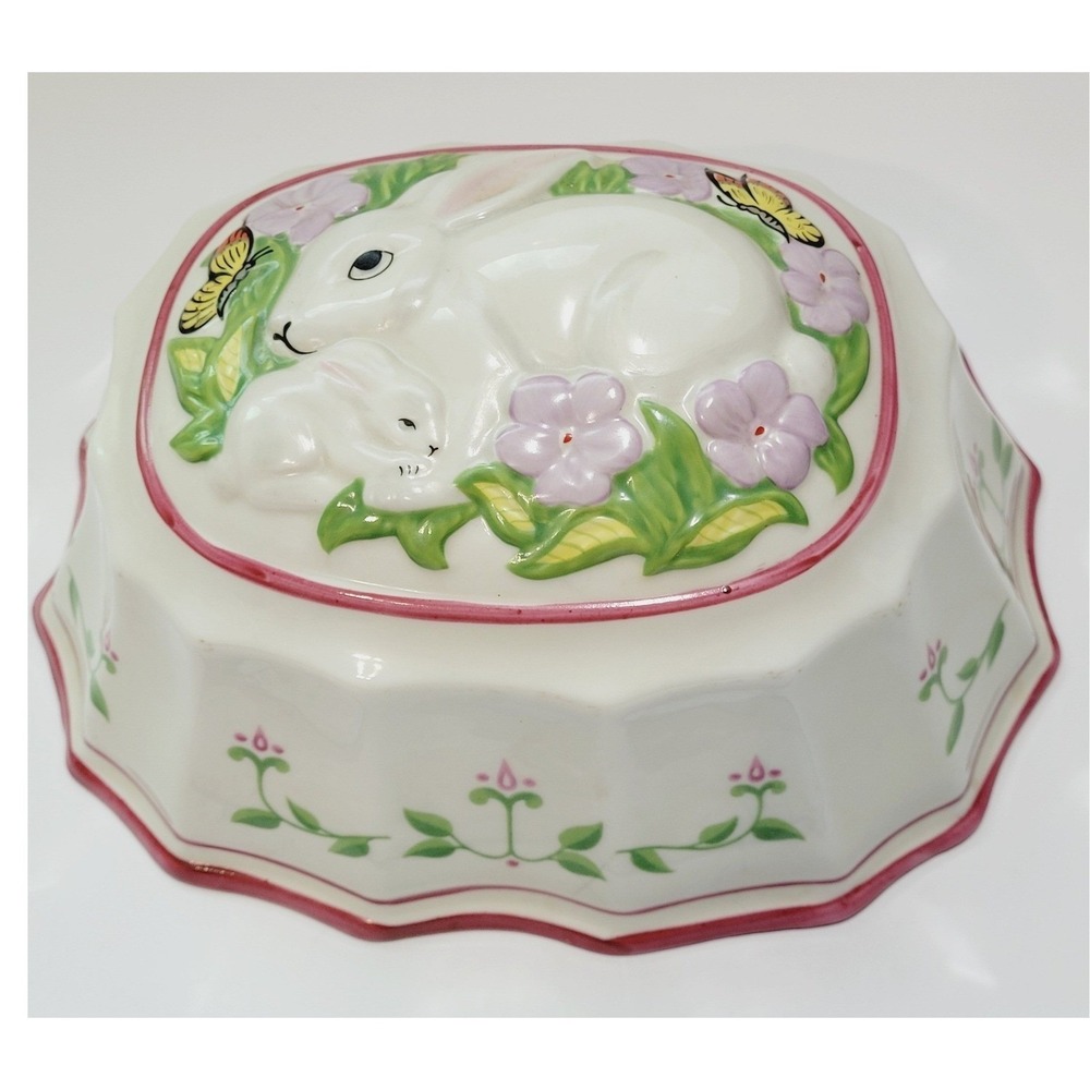 Franklin Mint Le Cordon Bleu Rabbit Jello Mold 1986 Ceramic White Pink Floral